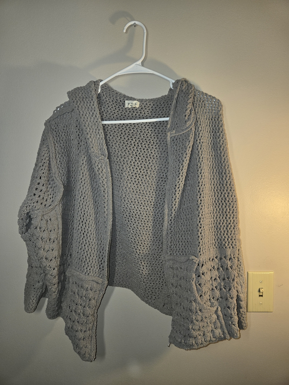 POL Chenille Crochet Patchwork Hooded Zip Cardigan Gray Small
